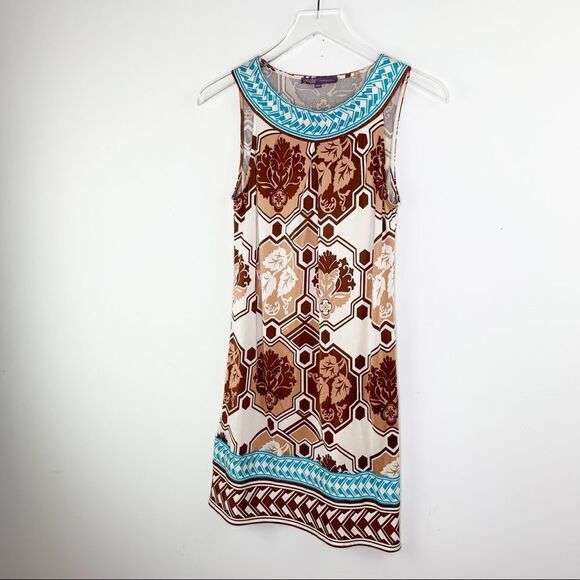 Hale Bob Multicolor Brown/White/Turquoise Geo Print Sleeveless Silk Dress Boho - Picture 1 of 12